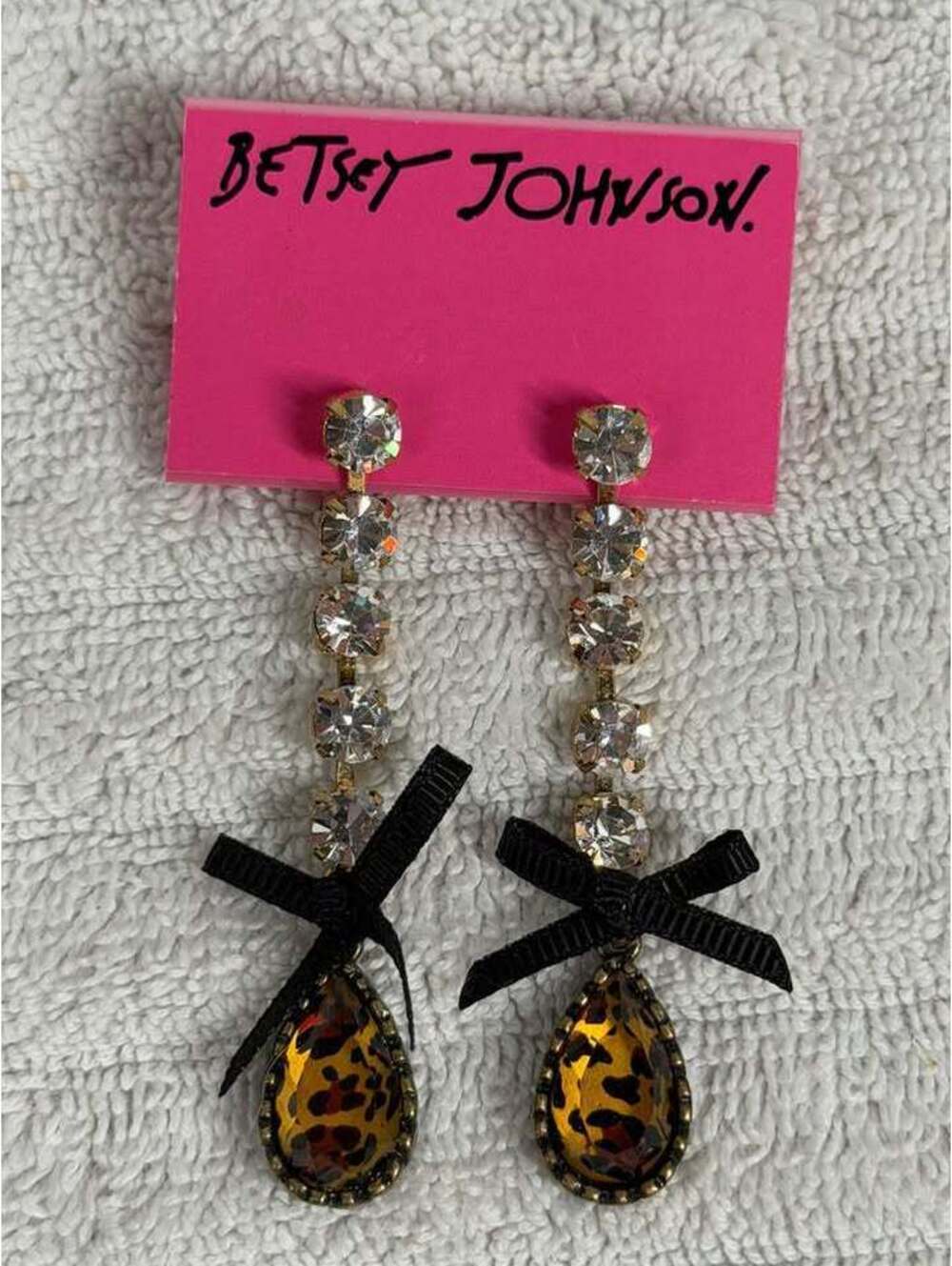 Betsey Johnson Leopard Print Bow Rhinestone Drop Earrings